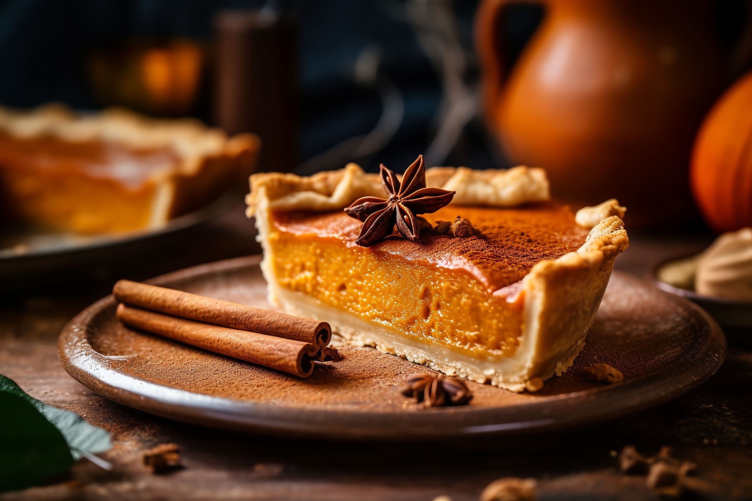 pumpkin pie with whipped cream and cinnamon on a rustic background. ai generative
